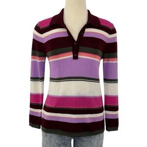 Kate Spade Striped Wool Polo Sweater Long Sleeve Collar Multicolor Maroon Size S